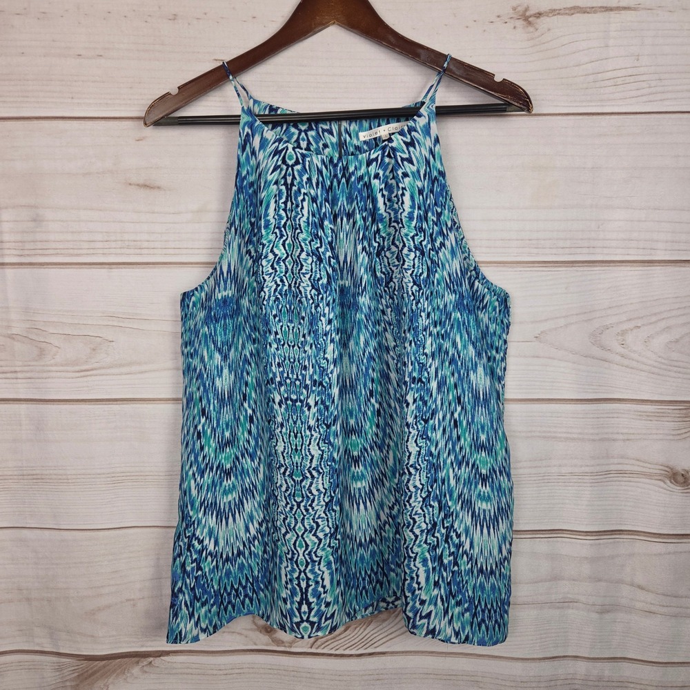 Violet + Claire Halter Tank Top Womens Large Blue Ikat Print Boho Blouse L